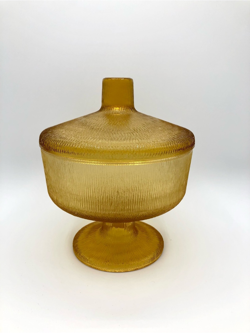 Vintage Amber Glass Candy Dish with Lid - Etched Floral Design - MCM